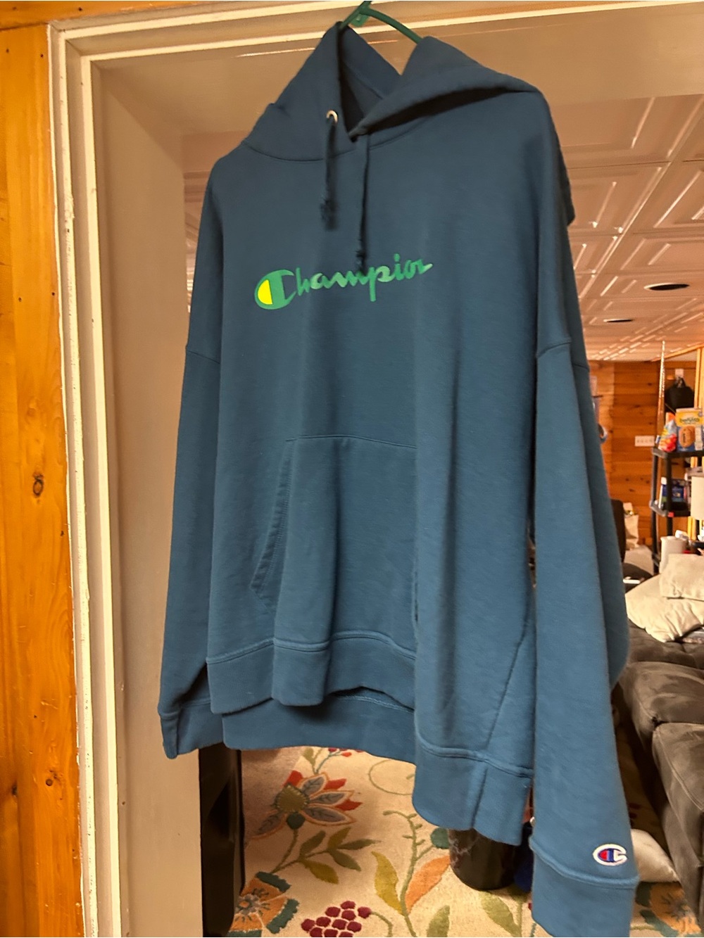 Champion Men’s Teal Crewneck Hoodie with Green Logo